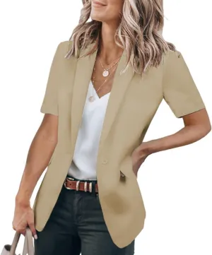 Women's Casual Blazer Short Sleeve Lapel One Button Solid Basic Summer Business Work Office Suit Jacket with Pockets