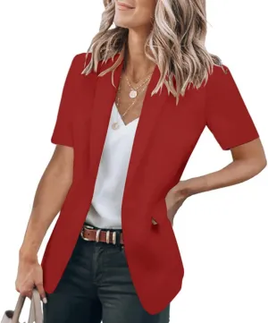 Women's Casual Blazer Short Sleeve Lapel One Button Solid Basic Summer Business Work Office Suit Jacket with Pockets