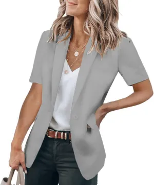 Women's Casual Blazer Short Sleeve Lapel One Button Solid Basic Summer Business Work Office Suit Jacket with Pockets