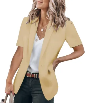 Women's Casual Blazer Short Sleeve Lapel One Button Solid Basic Summer Business Work Office Suit Jacket with Pockets