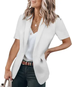 Women's Casual Blazer Short Sleeve Lapel One Button Solid Basic Summer Business Work Office Suit Jacket with Pockets