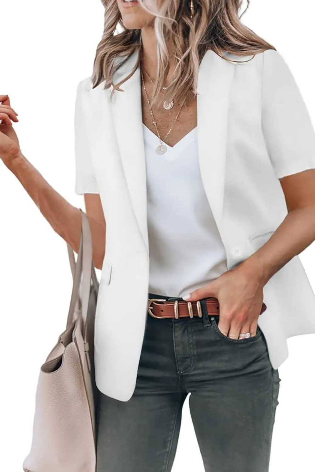 Women's Casual Blazer Short Sleeve Lapel One Button Solid Basic Summer Business Work Office Suit Jacket with Pockets