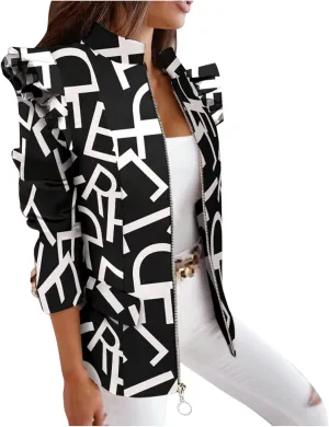 Womens Casual Blazers Fashion Print Ruffle Long Sleeve Open Front Work Office Blazer Bussiness Jackets with Pockets