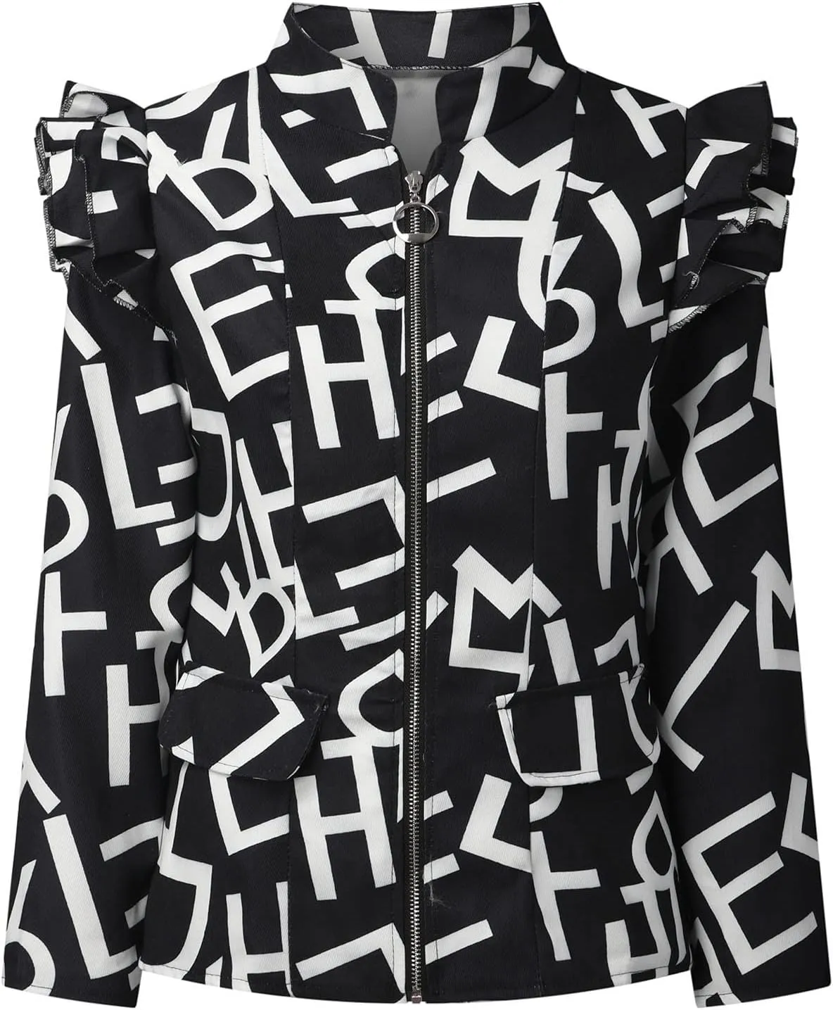 Womens Casual Blazers Fashion Print Ruffle Long Sleeve Open Front Work Office Blazer Bussiness Jackets with Pockets
