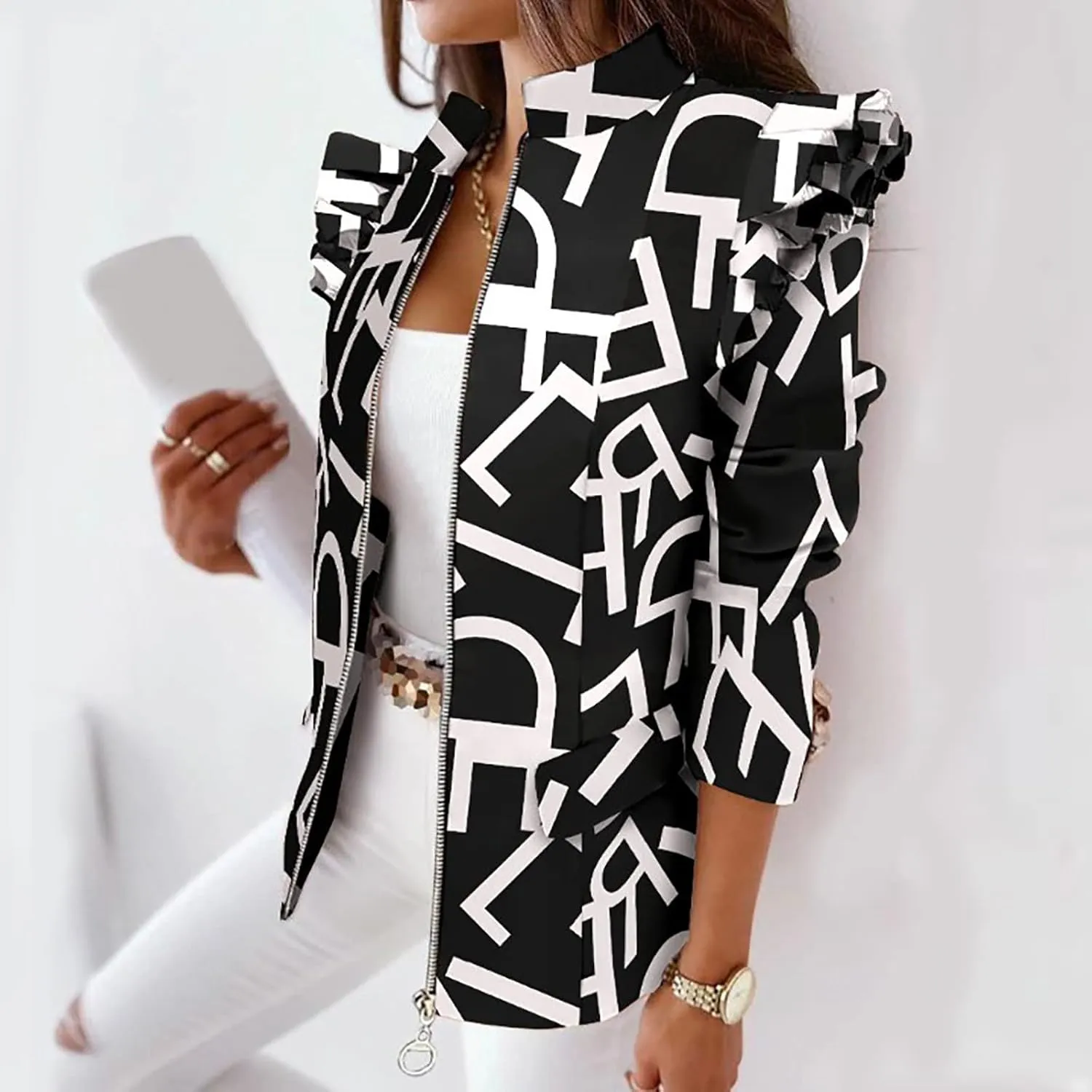 Womens Casual Blazers Fashion Print Ruffle Long Sleeve Open Front Work Office Blazer Bussiness Jackets with Pockets