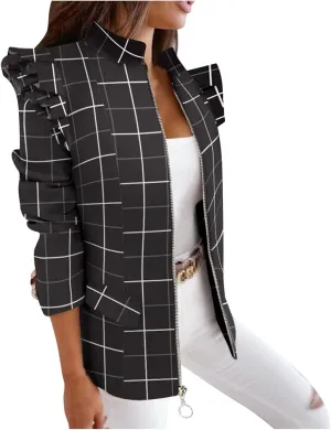 Womens Casual Blazers Fashion Print Ruffle Long Sleeve Open Front Work Office Blazer Bussiness Jackets with Pockets