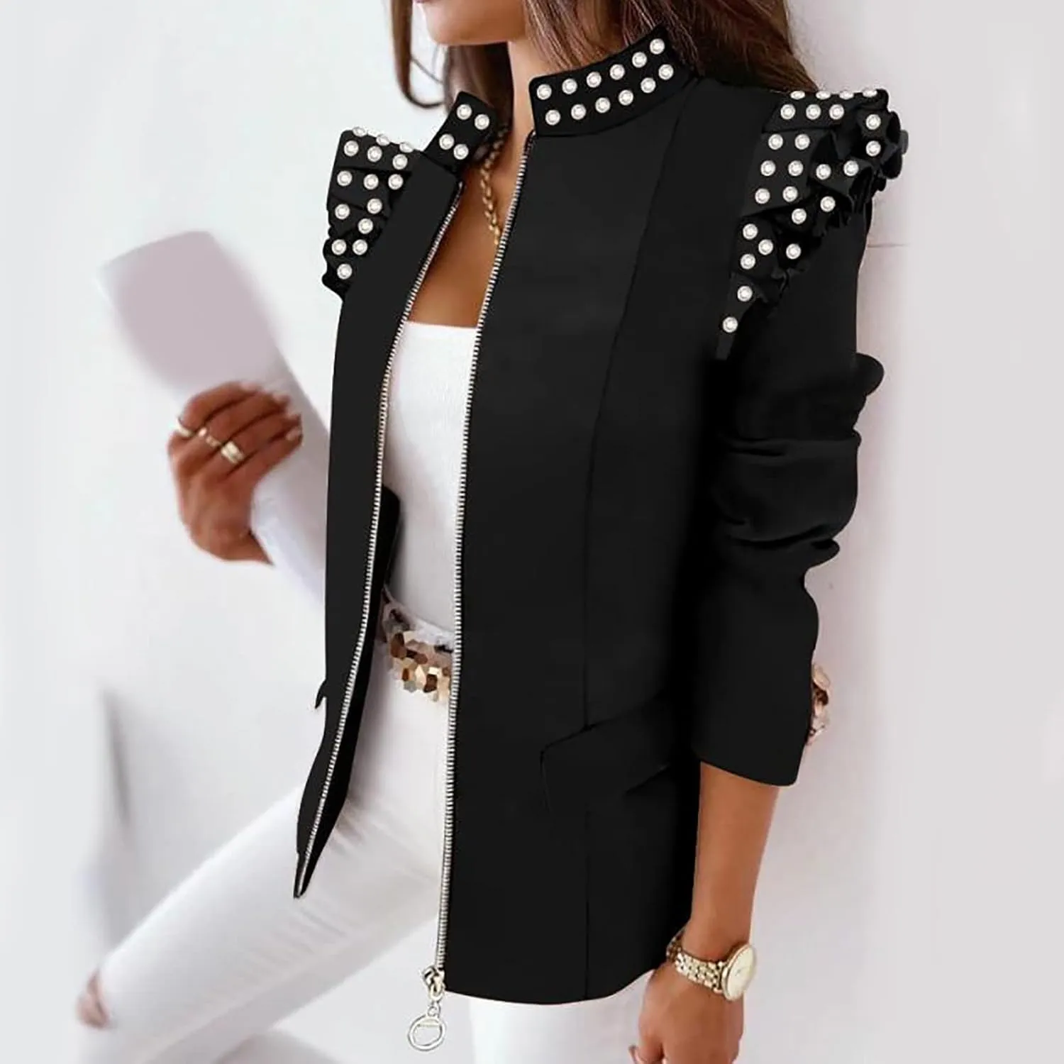Womens Casual Blazers Fashion Print Ruffle Long Sleeve Open Front Work Office Blazer Bussiness Jackets with Pockets
