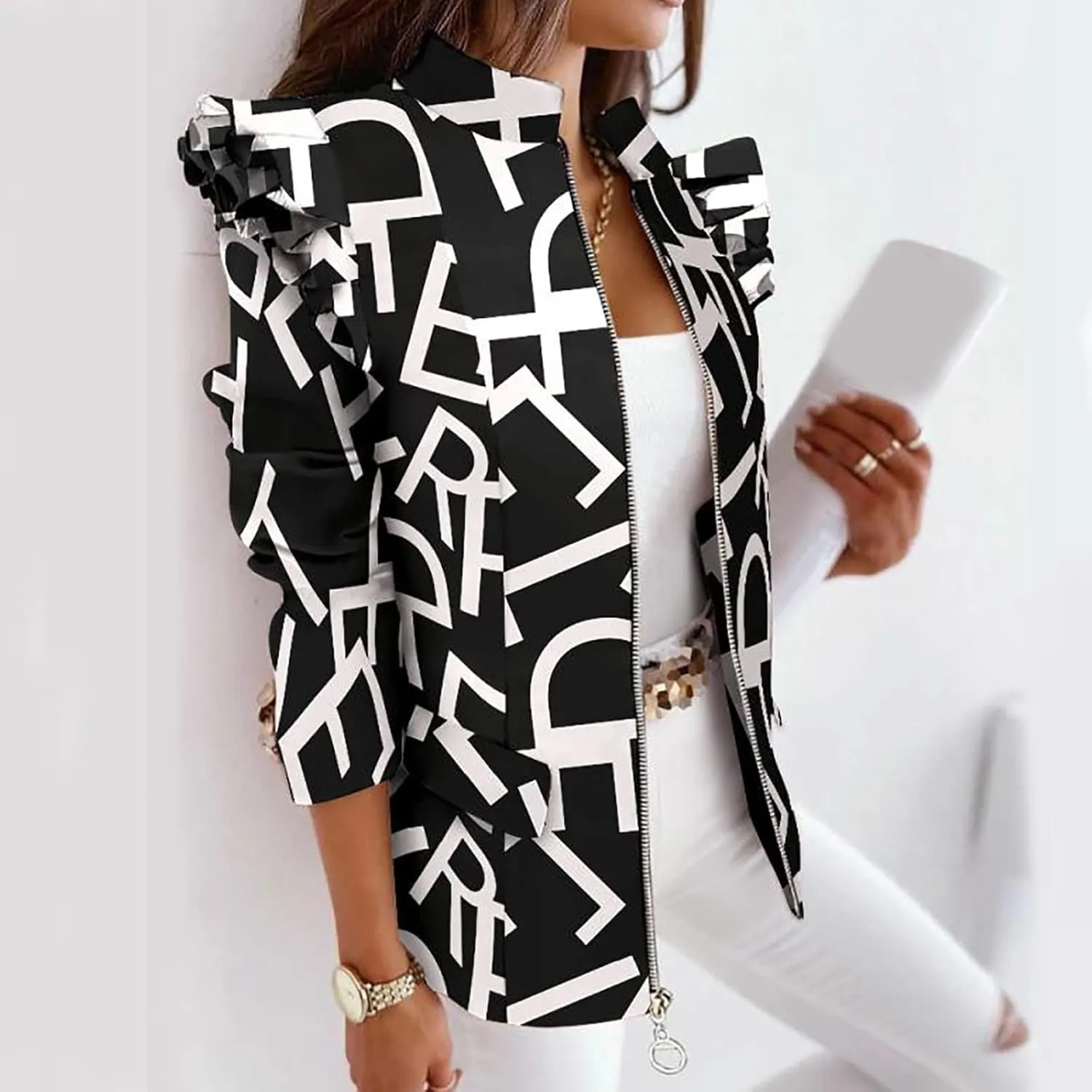 Womens Casual Blazers Fashion Print Ruffle Long Sleeve Open Front Work Office Blazer Bussiness Jackets with Pockets
