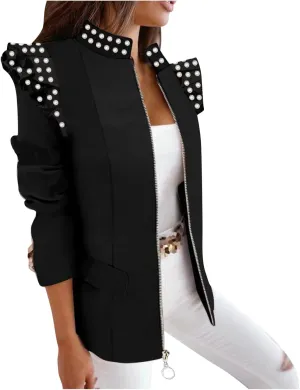 Womens Casual Blazers Fashion Print Ruffle Long Sleeve Open Front Work Office Blazer Bussiness Jackets with Pockets