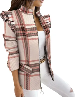 Womens Casual Blazers Fashion Print Ruffle Long Sleeve Open Front Work Office Blazer Bussiness Jackets with Pockets