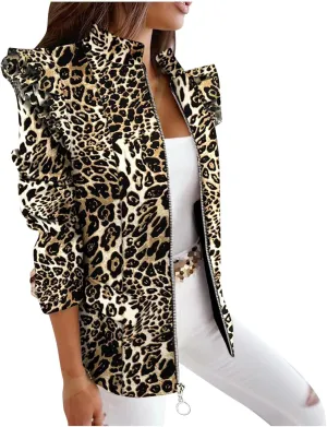 Womens Casual Blazers Fashion Print Ruffle Long Sleeve Open Front Work Office Blazer Bussiness Jackets with Pockets