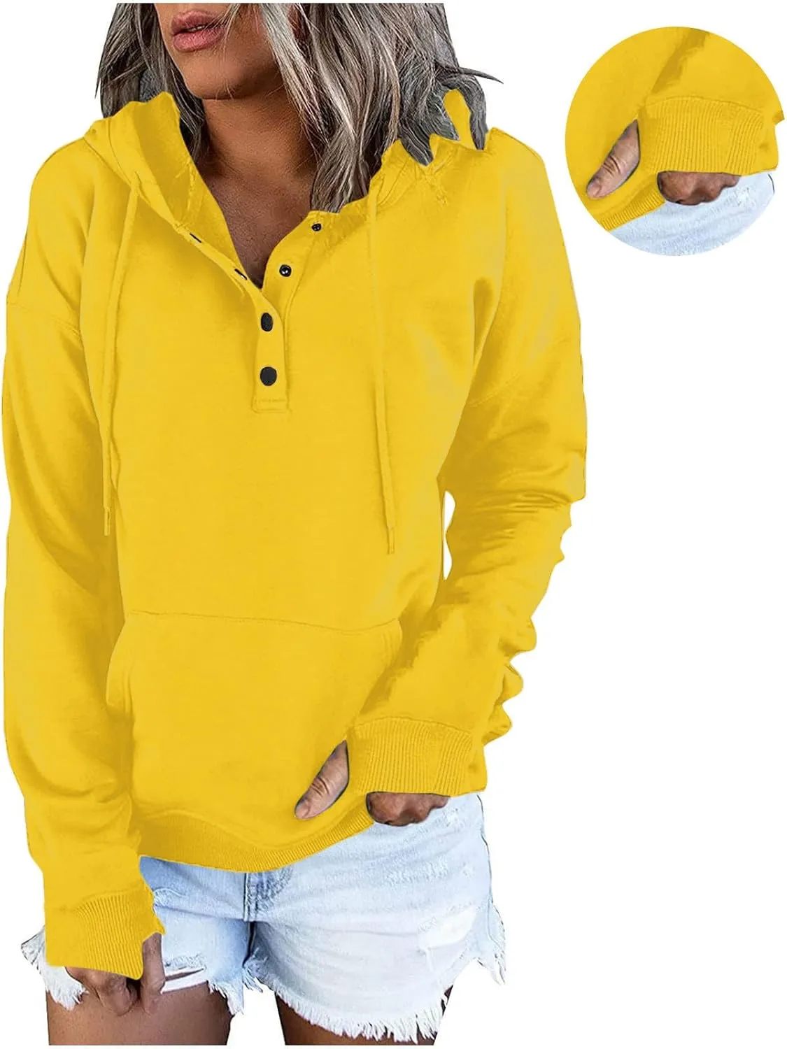 Womens Casual Button Down Hoodies Drawstring Long Sleeve Pullover Hooded Sweatshirt Fall Outfits Clothes Thumb Hole