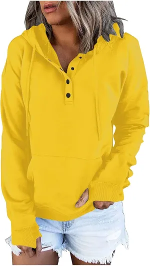 Womens Casual Button Down Hoodies Drawstring Long Sleeve Pullover Hooded Sweatshirt Fall Outfits Clothes Thumb Hole