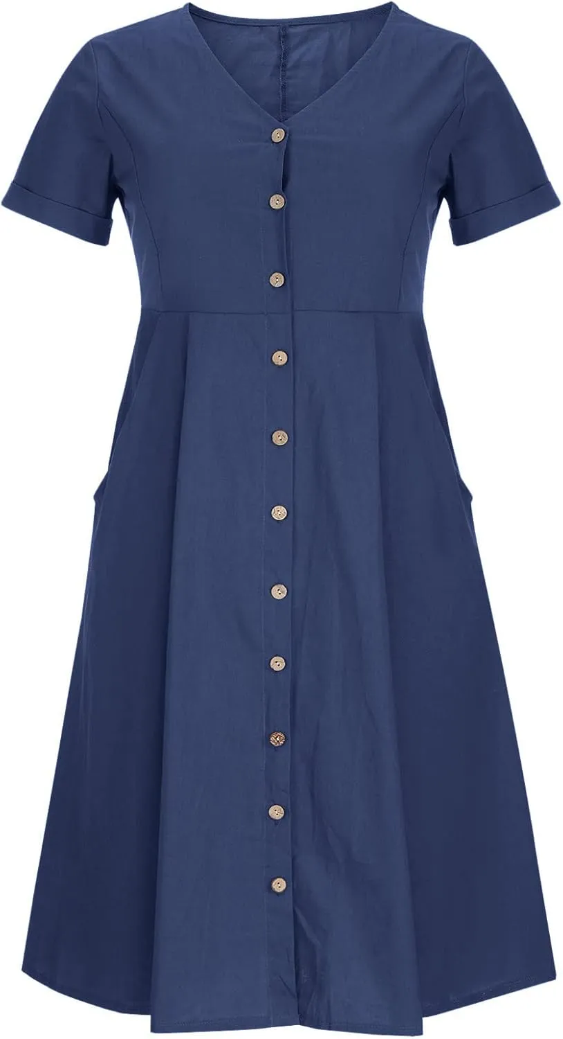 Womens Casual Dress Plus Size Button Front V Neck A Line Dress 2025 Spring Summer Short Sleeve Midi Dress with Pocket