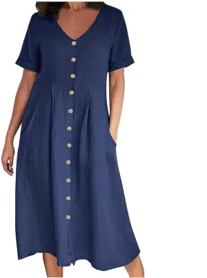 Womens Casual Dress Plus Size Button Front V Neck A Line Dress 2025 Spring Summer Short Sleeve Midi Dress with Pocket