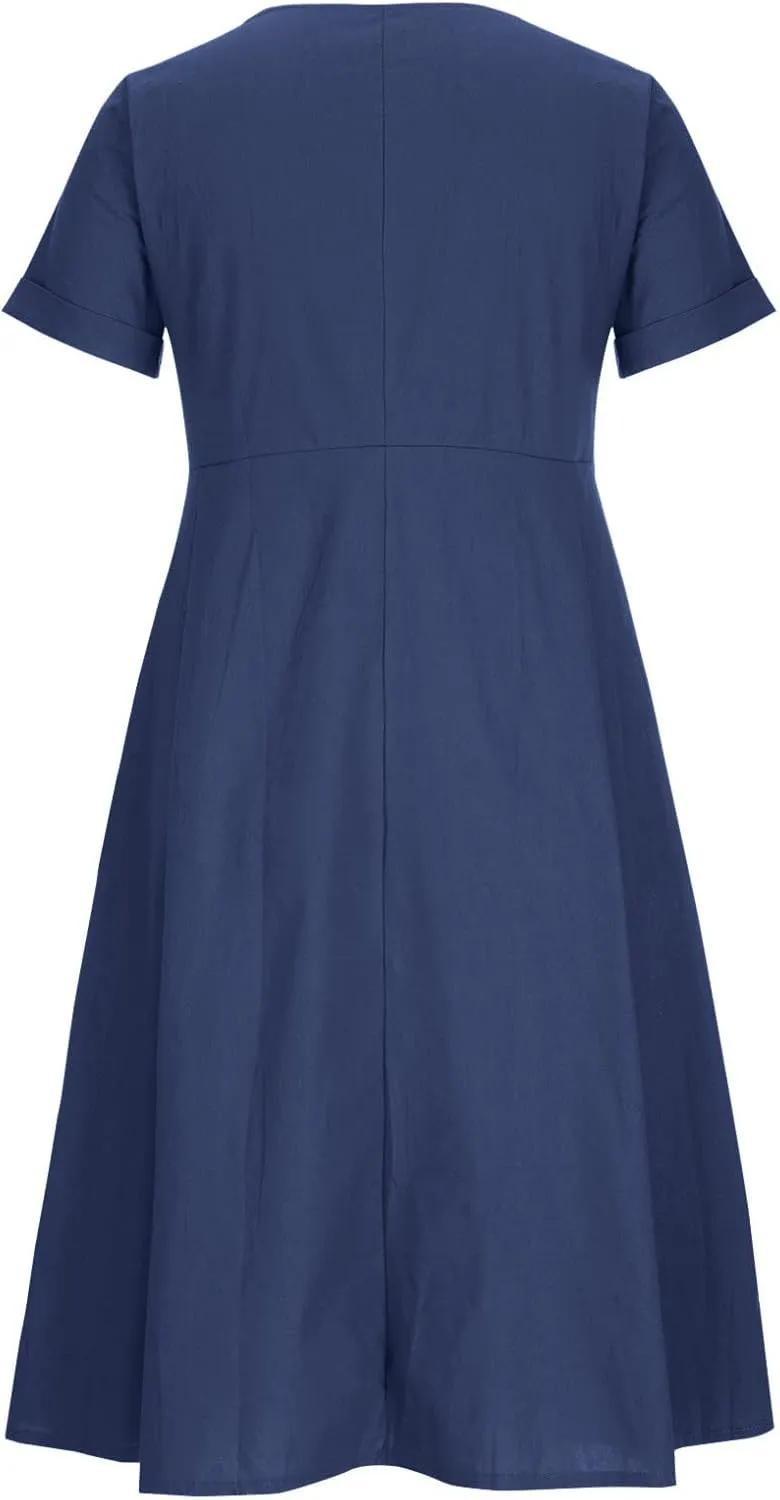 Womens Casual Dress Plus Size Button Front V Neck A Line Dress 2025 Spring Summer Short Sleeve Midi Dress with Pocket