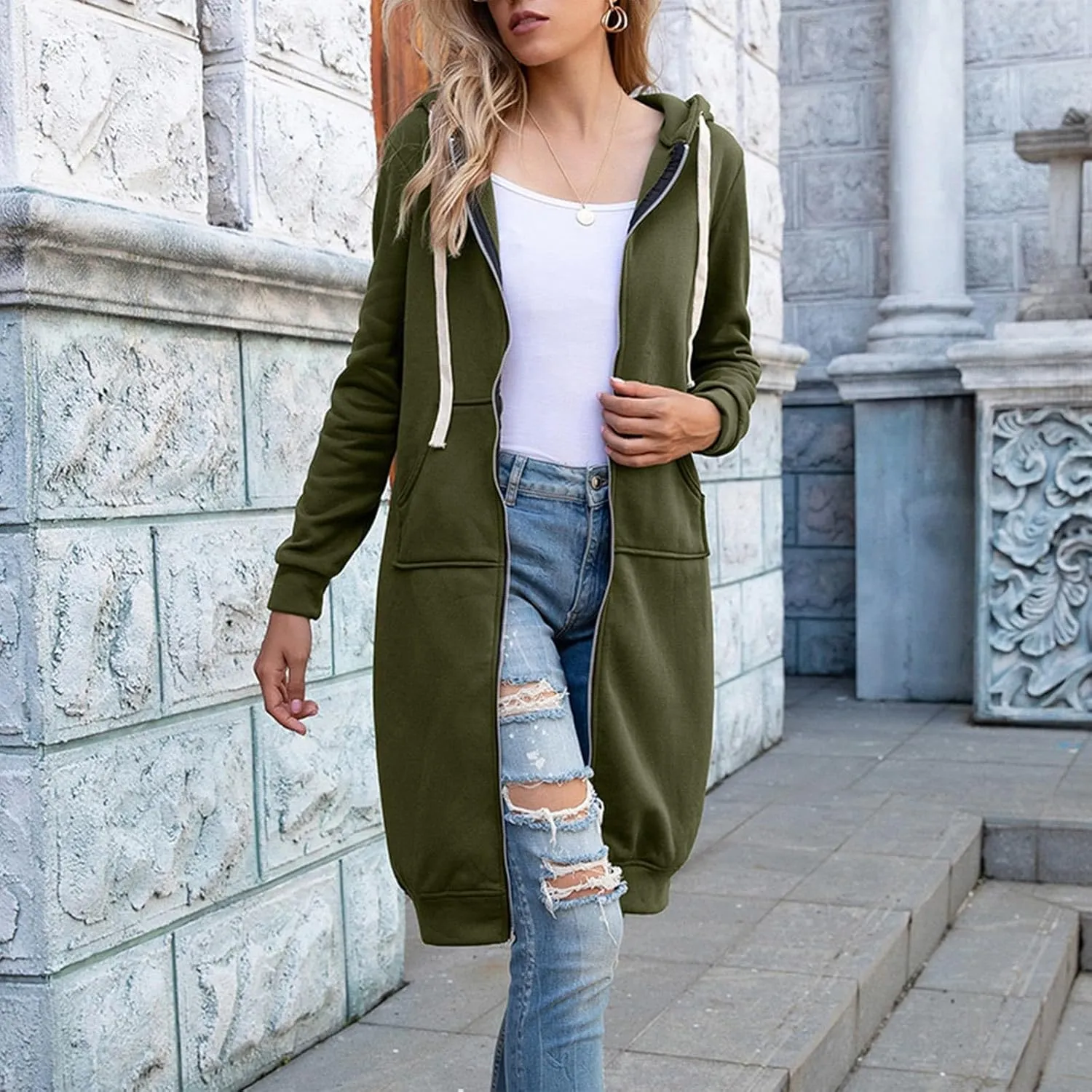 Women's Casual Pockets Zip up Hoodies Longwear Tunic Sweatshirt Oversized Long Hoodie Jacket with Pockets