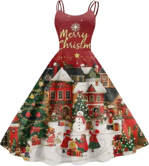 Women's Christmas Dress 1950S Retro Sleeveless Spaghetti Strap Party Dress 2024 Trendy Swing A-Line Flare Dresses