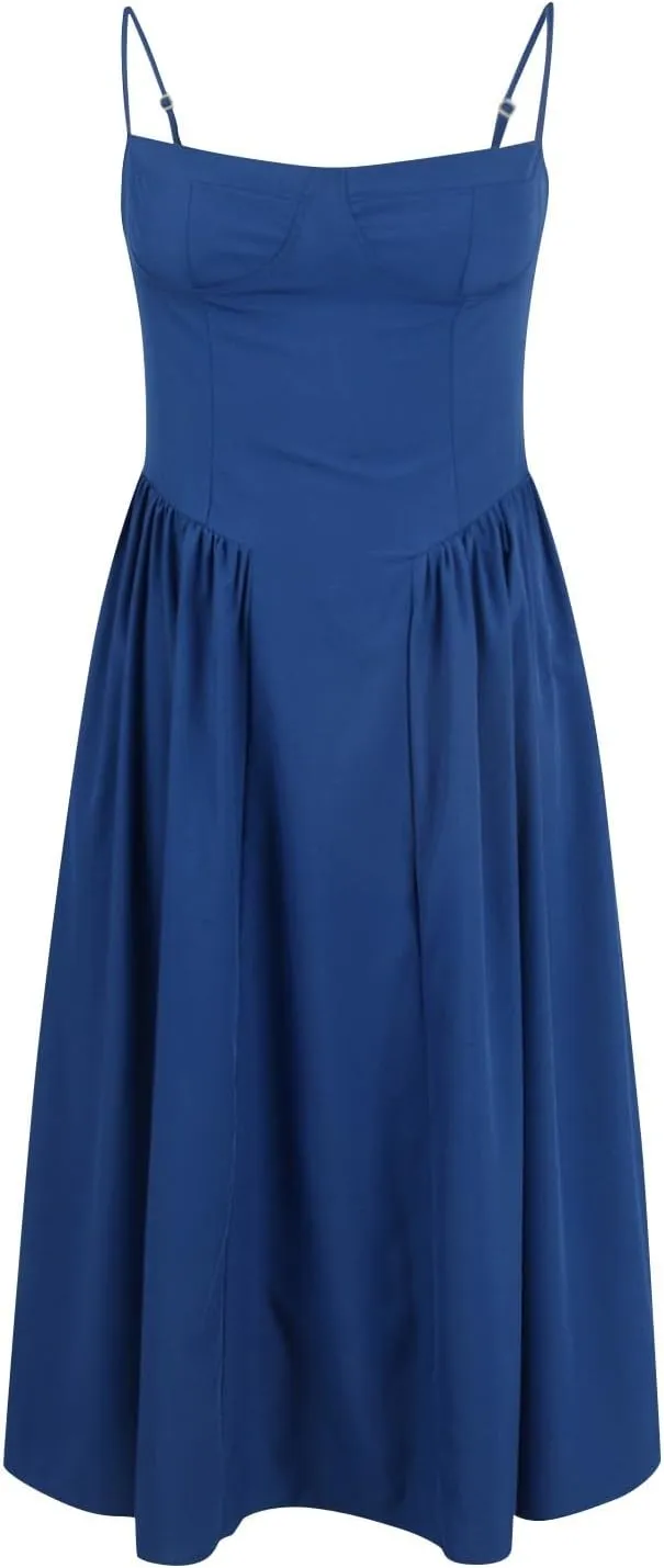 Womens Corset Dress Elegant Spaghetti Strap Bustier Midi Dress Flowy Pleated Hem Low Cut Prom Dresses with Pockets