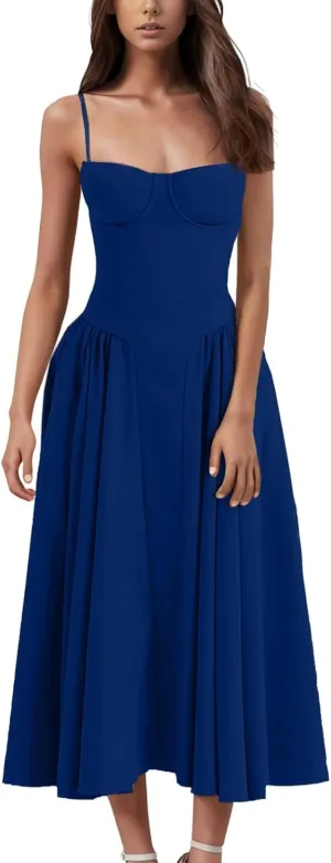 Womens Corset Dress Elegant Spaghetti Strap Bustier Midi Dress Flowy Pleated Hem Low Cut Prom Dresses with Pockets