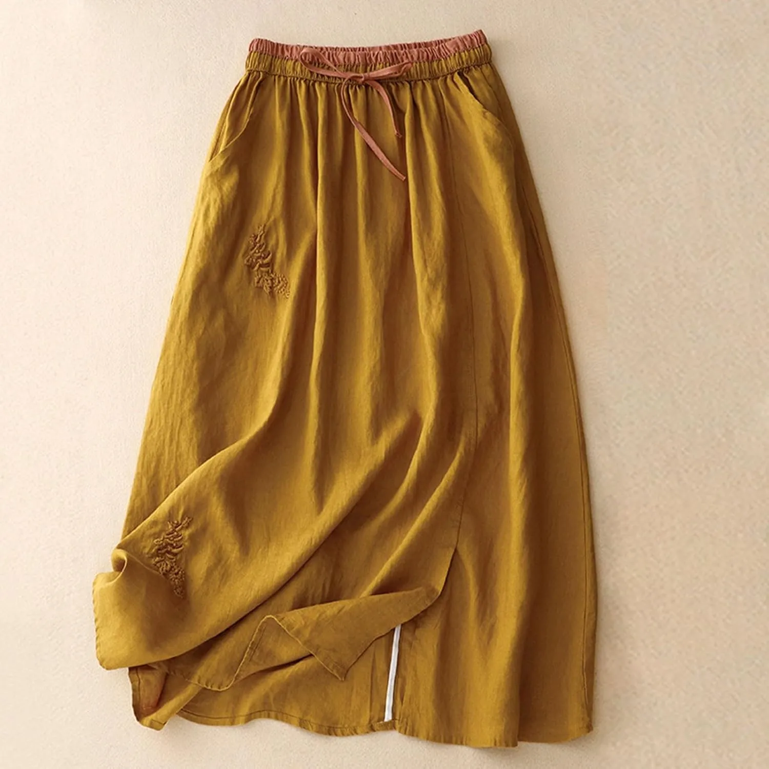 Women's Cotton Linen Embroidery Flowy Skirt Lace Up Elastic High Waisted Summer Skirts Casual Loose A Line Long Skirt