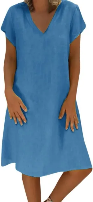 Womens Cotton Linen Midi Dress Summer Solid Color Short Sleeve V-Neck T-Shirt Dresses Plus Size Flowy Beach Dress