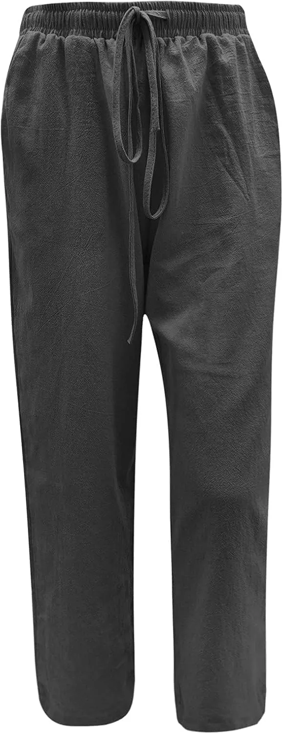 Womens Cotton Linen Pants Summer Wide Leg Pant Breathable Lightweight Trendy Lounge Pants Drawstring Waist Casual Pant
