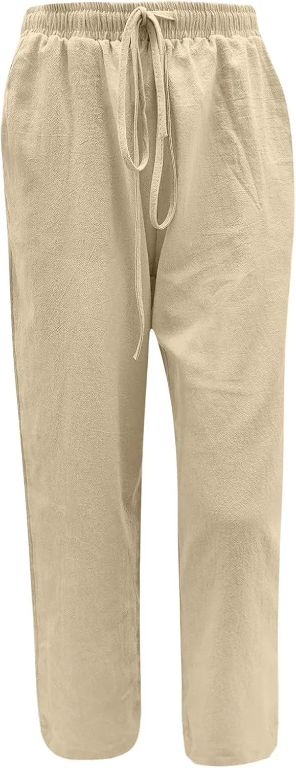 Womens Cotton Linen Pants Summer Wide Leg Pant Breathable Lightweight Trendy Lounge Pants Drawstring Waist Casual Pant