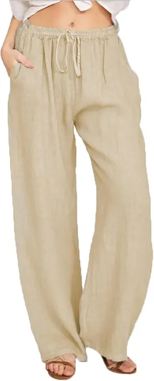 Womens Cotton Linen Pants Summer Wide Leg Pant Breathable Lightweight Trendy Lounge Pants Drawstring Waist Casual Pant