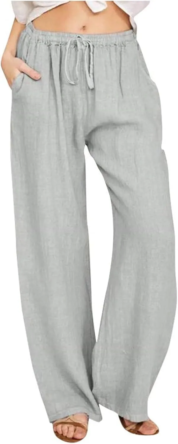 Womens Cotton Linen Pants Summer Wide Leg Pant Breathable Lightweight Trendy Lounge Pants Drawstring Waist Casual Pant
