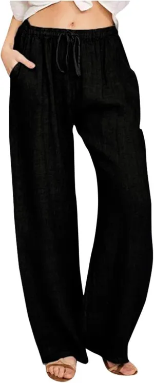 Womens Cotton Linen Pants Summer Wide Leg Pant Breathable Lightweight Trendy Lounge Pants Drawstring Waist Casual Pant