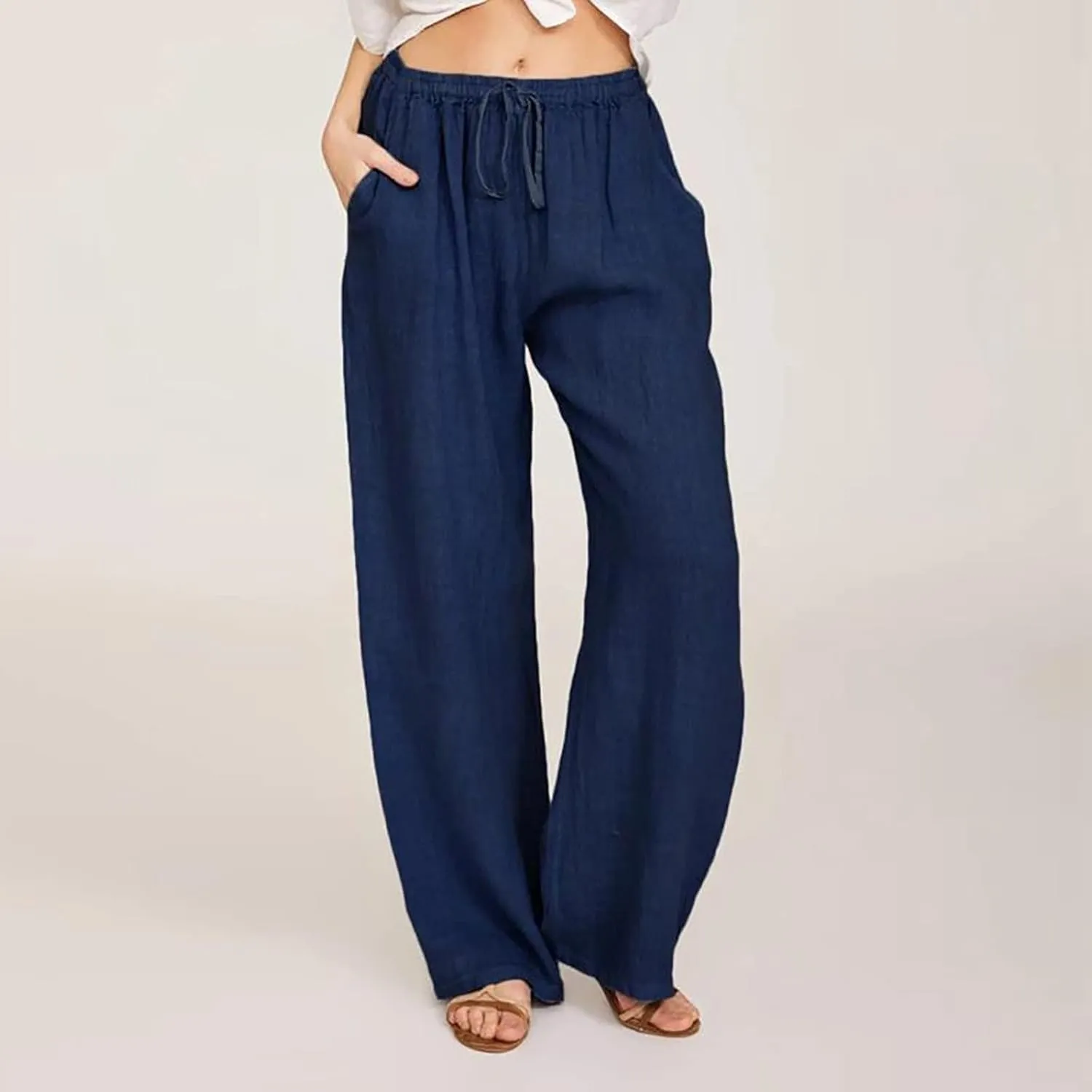 Womens Cotton Linen Pants Summer Wide Leg Pant Breathable Lightweight Trendy Lounge Pants Drawstring Waist Casual Pant