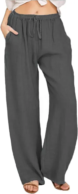 Womens Cotton Linen Pants Summer Wide Leg Pant Breathable Lightweight Trendy Lounge Pants Drawstring Waist Casual Pant