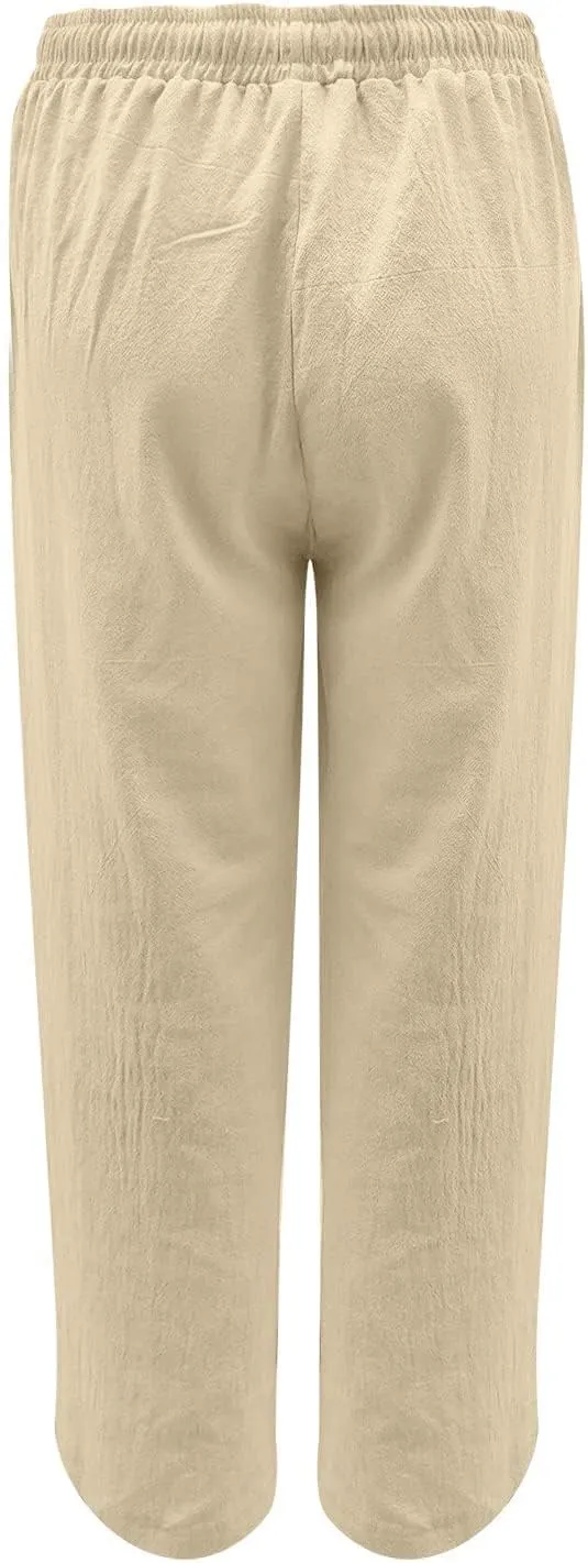 Womens Cotton Linen Pants Summer Wide Leg Pant Breathable Lightweight Trendy Lounge Pants Drawstring Waist Casual Pant