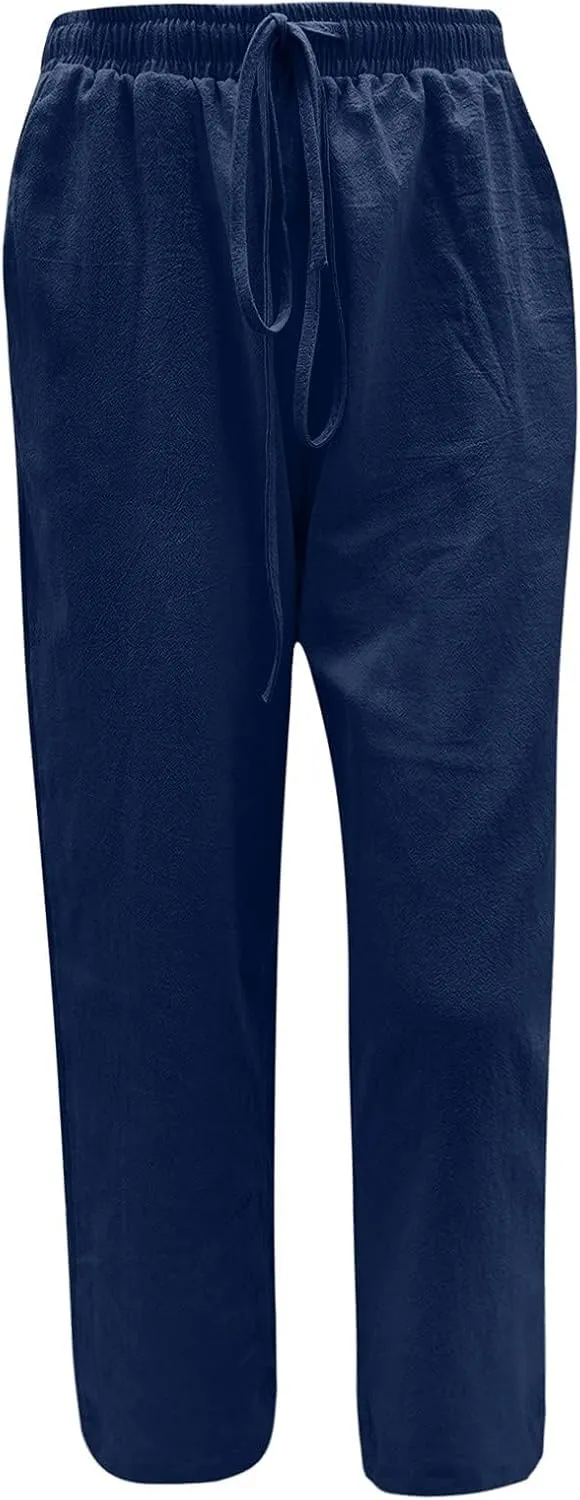 Womens Cotton Linen Pants Summer Wide Leg Pant Breathable Lightweight Trendy Lounge Pants Drawstring Waist Casual Pant