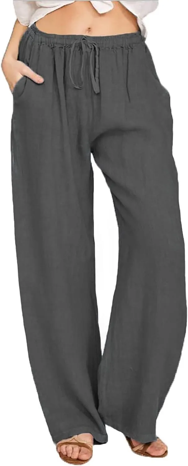Womens Cotton Linen Pants Summer Wide Leg Pant Breathable Lightweight Trendy Lounge Pants Drawstring Waist Casual Pant