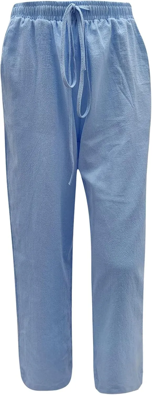 Womens Cotton Linen Pants Summer Wide Leg Pant Breathable Lightweight Trendy Lounge Pants Drawstring Waist Casual Pant
