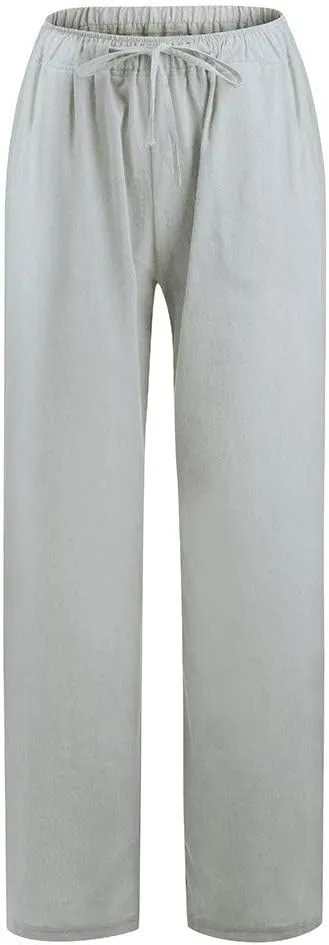 Womens Cotton Linen Pants Summer Wide Leg Pant Breathable Lightweight Trendy Lounge Pants Drawstring Waist Casual Pant