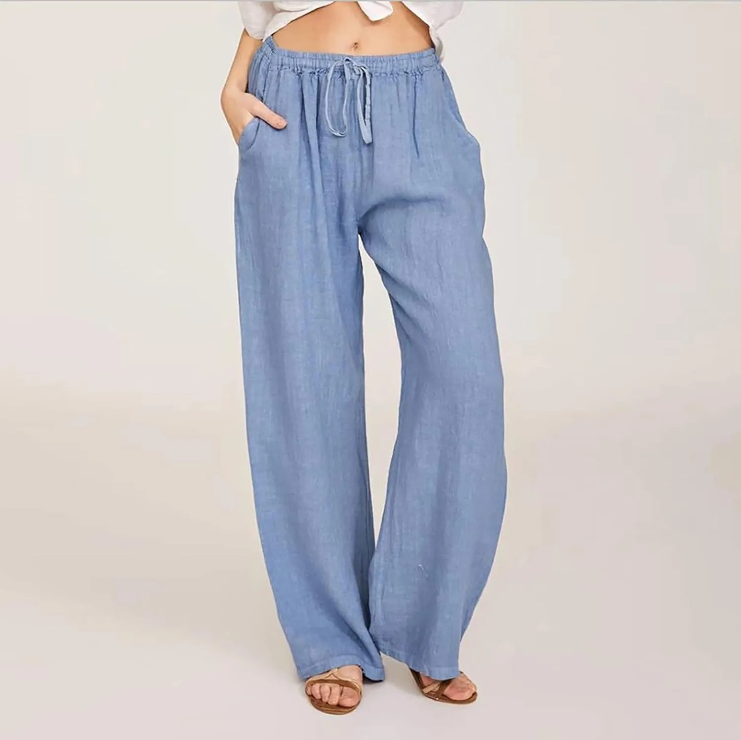 Womens Cotton Linen Pants Summer Wide Leg Pant Breathable Lightweight Trendy Lounge Pants Drawstring Waist Casual Pant
