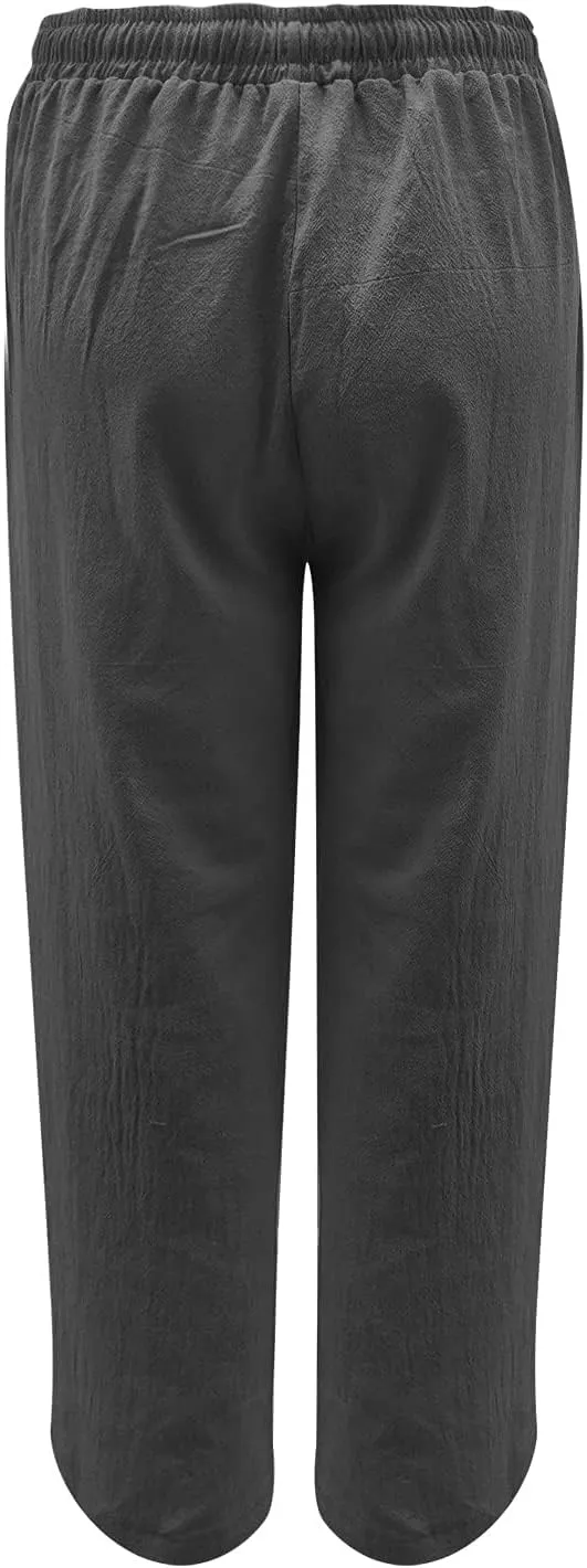 Womens Cotton Linen Pants Summer Wide Leg Pant Breathable Lightweight Trendy Lounge Pants Drawstring Waist Casual Pant