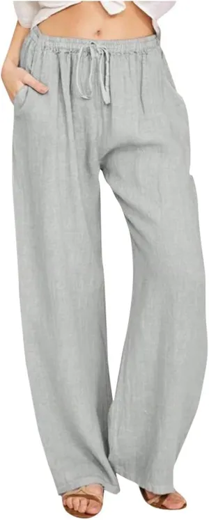 Womens Cotton Linen Pants Summer Wide Leg Pant Breathable Lightweight Trendy Lounge Pants Drawstring Waist Casual Pant