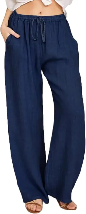 Womens Cotton Linen Pants Summer Wide Leg Pant Breathable Lightweight Trendy Lounge Pants Drawstring Waist Casual Pant