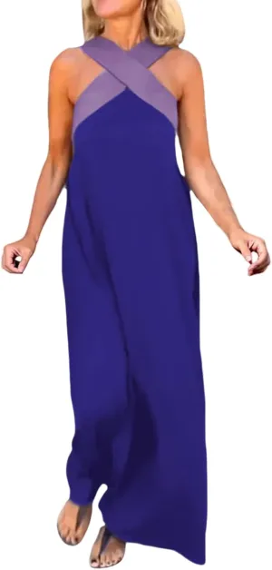 Women's Cross Halter Neck Sleeveless Stitching Dress2025 Summer Loose Flowy Sundress Backless Maxi Dress