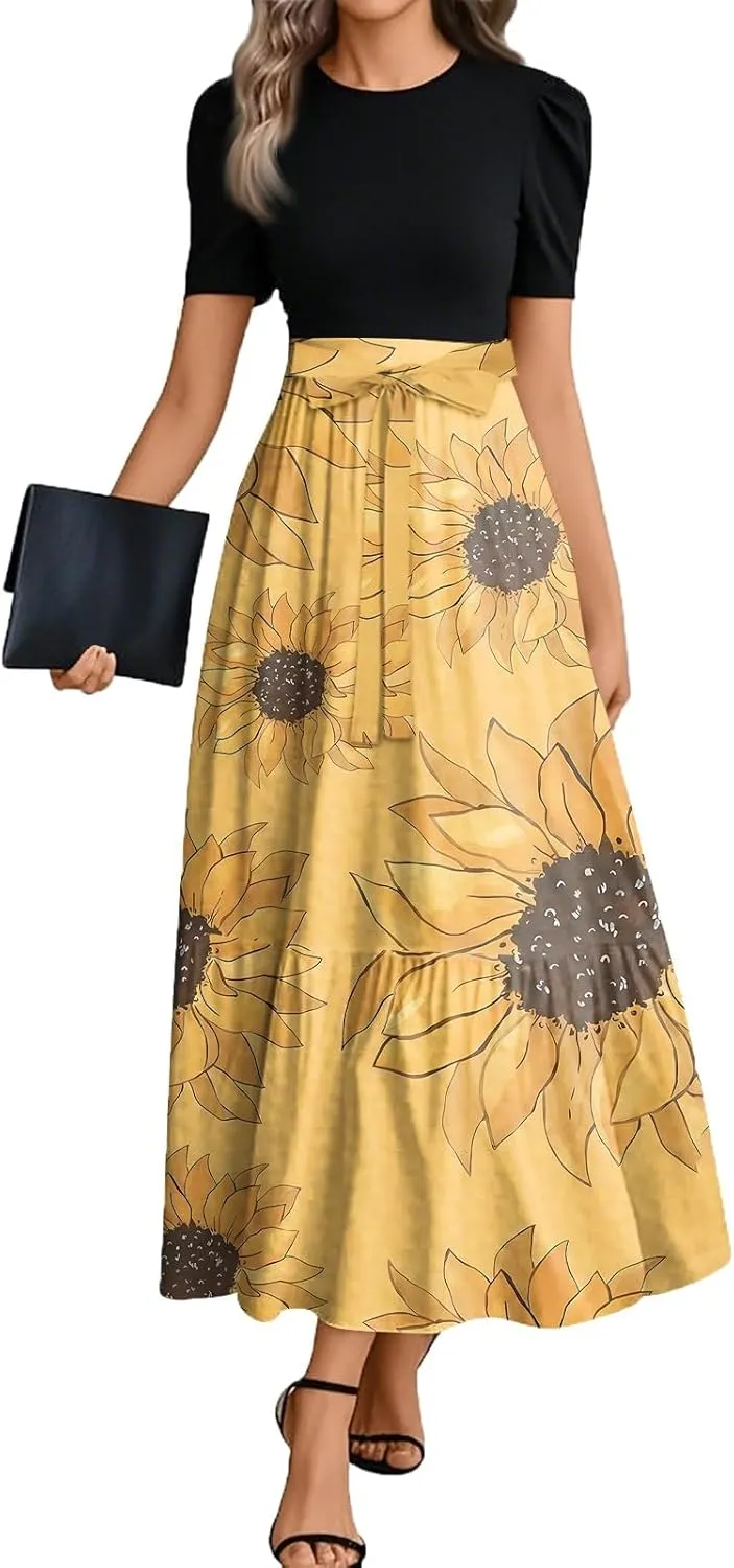 Womens Dress Summer Maxi Dresses Ruffle Hem Short Sleeve Dress Floral Vacation Wedding Guest Dresses with Belt