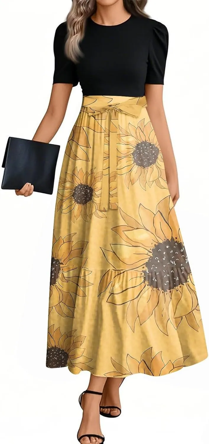 Womens Dress Summer Maxi Dresses Ruffle Hem Short Sleeve Dress Floral Vacation Wedding Guest Dresses with Belt