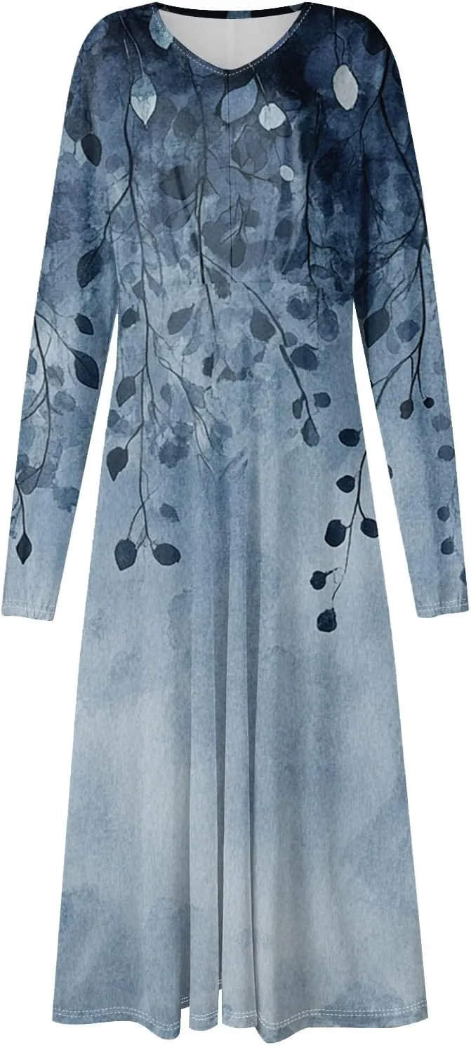 Womens Dresses Spring 2025 Long Sleeve V Neck A-Line Dress Trendy Cruise Wear Classy Outfits Casual Boho Clothes