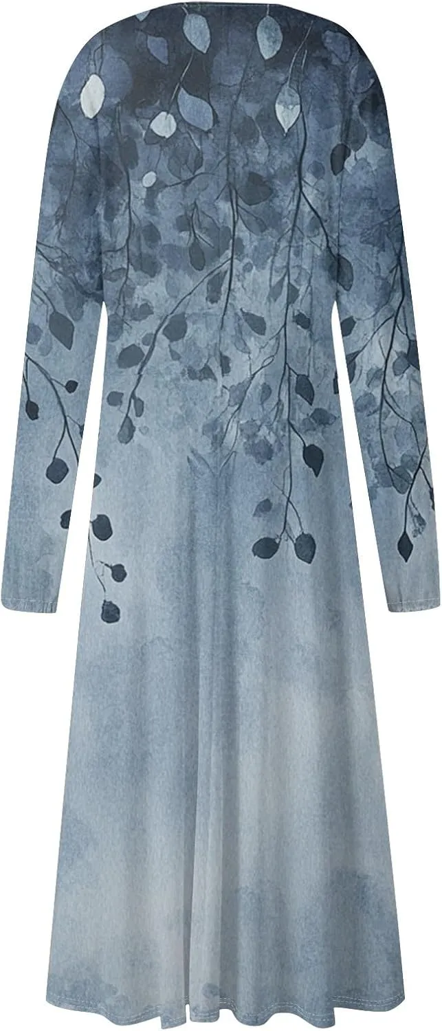 Womens Dresses Spring 2025 Long Sleeve V Neck A-Line Dress Trendy Cruise Wear Classy Outfits Casual Boho Clothes