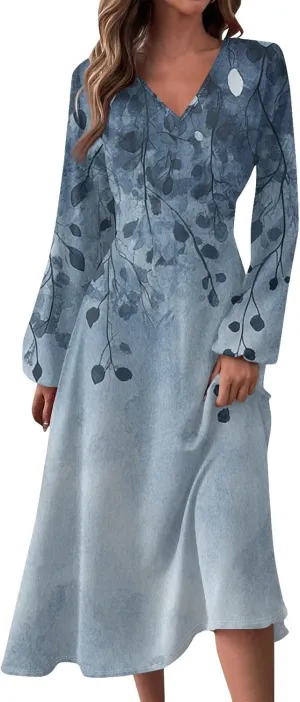 Womens Dresses Spring 2025 Long Sleeve V Neck A-Line Dress Trendy Cruise Wear Classy Outfits Casual Boho Clothes