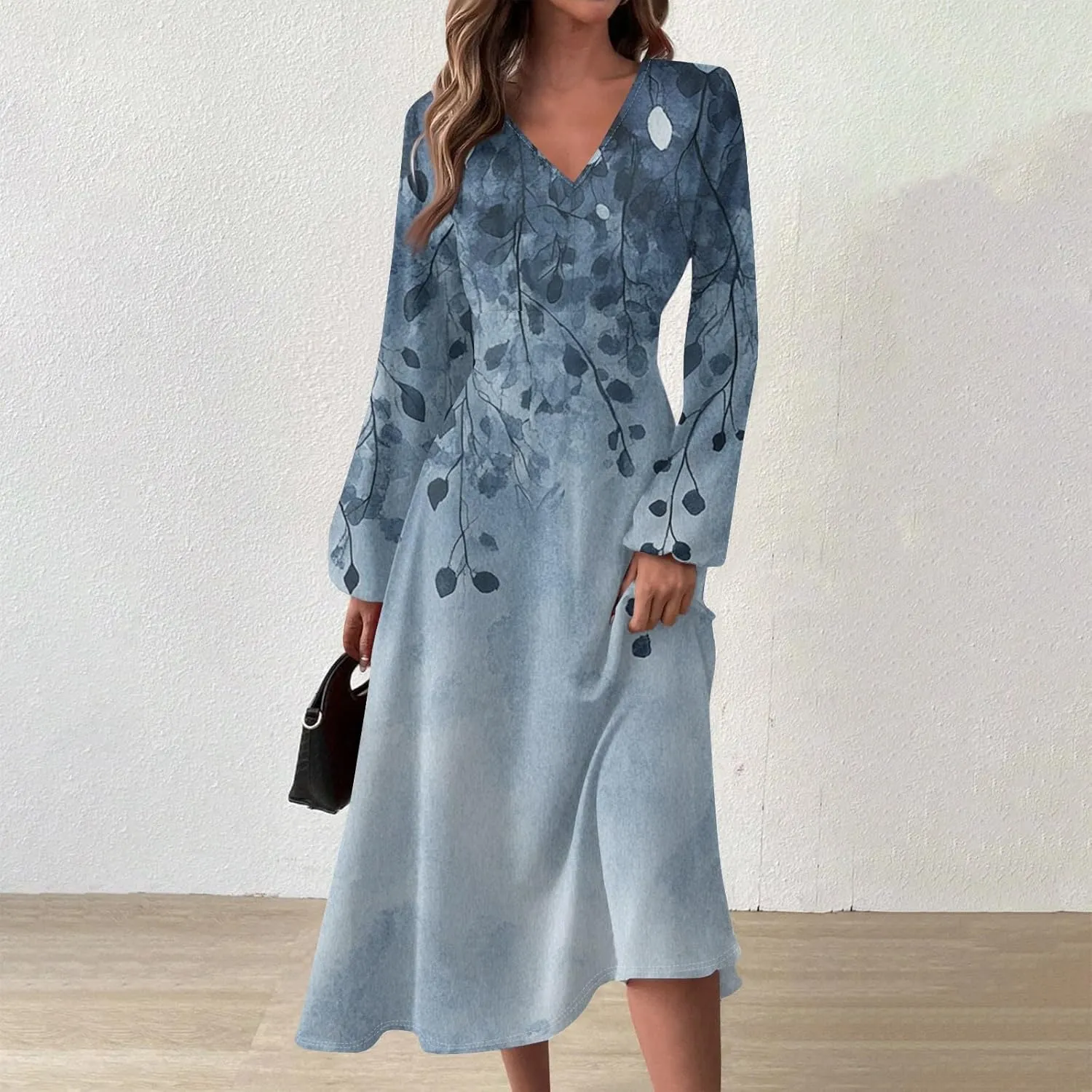 Womens Dresses Spring 2025 Long Sleeve V Neck A-Line Dress Trendy Cruise Wear Classy Outfits Casual Boho Clothes