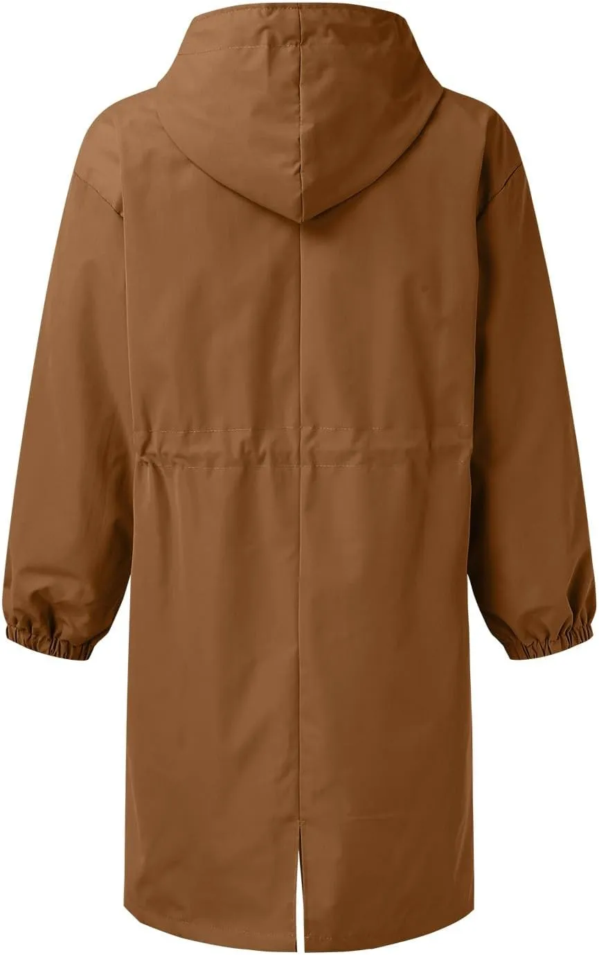 Womens Elegant Single Breasted Trench Coat Long Sleeve Pocket Hooded Outwear Comfy Lightweight Soft Windbreaker Suits